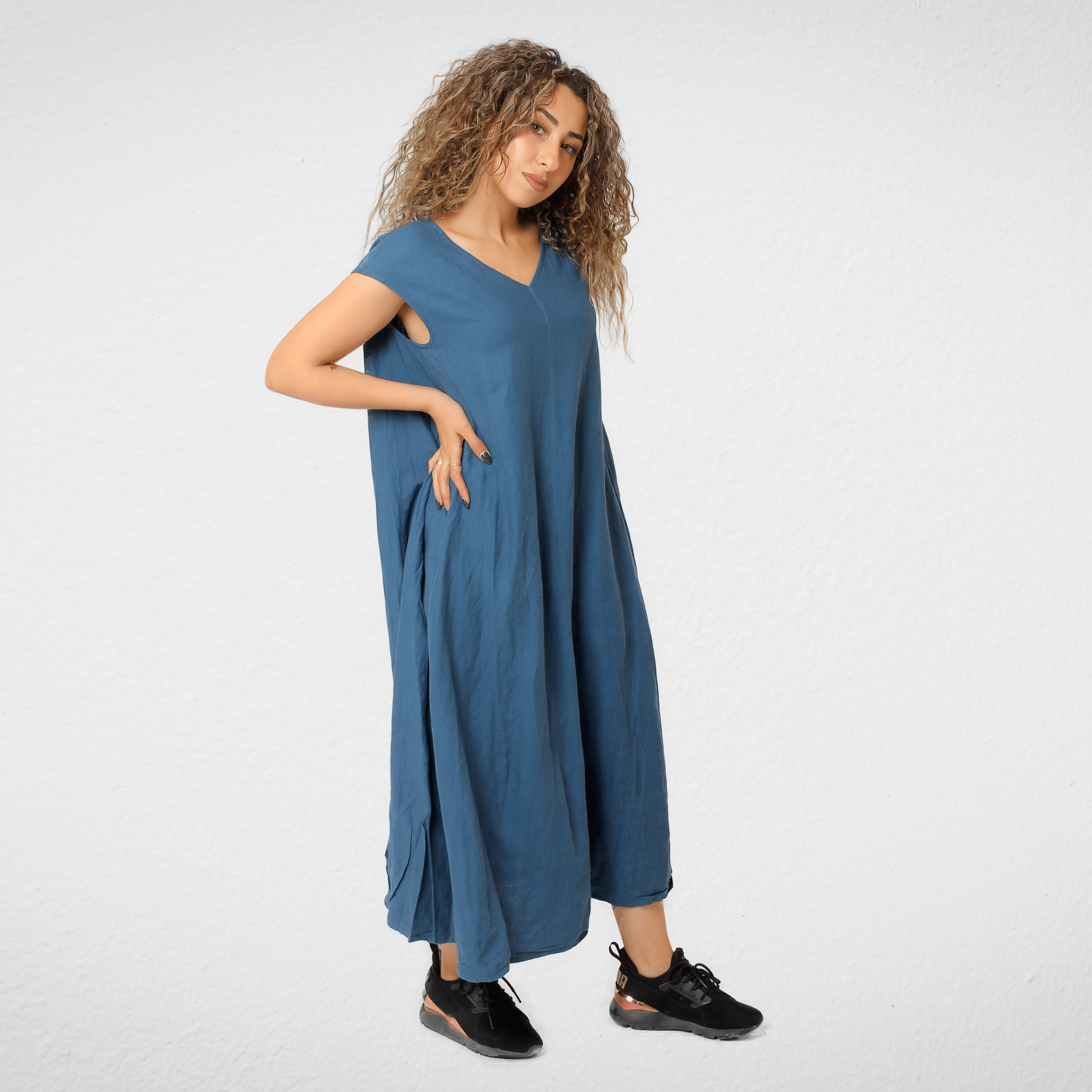 Women Summer 23 Women Dress Women Linen Dress - "American Holic" - كتان - Petrol