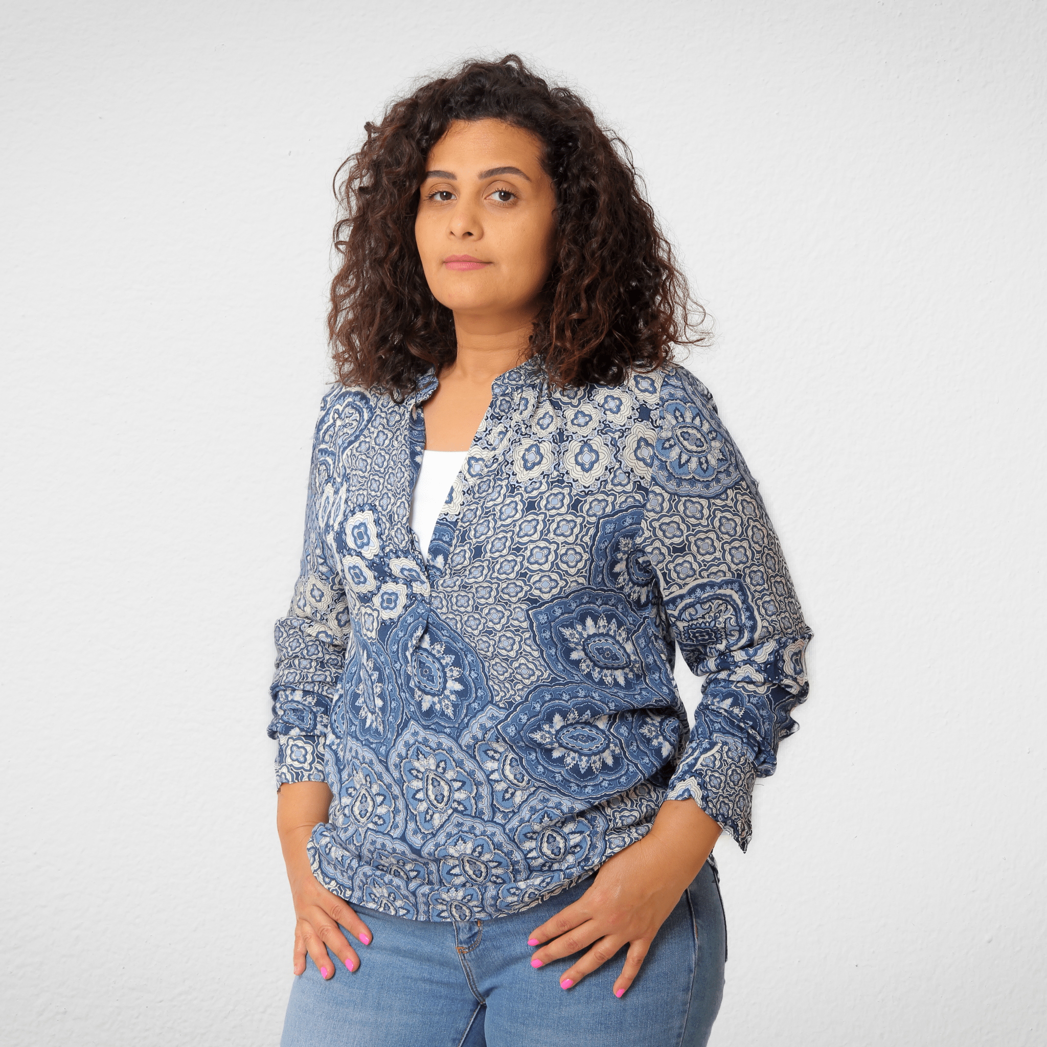 Women Summer 23 Women Shirt Women Blouse (Long Sleeve) - Blue Patterned