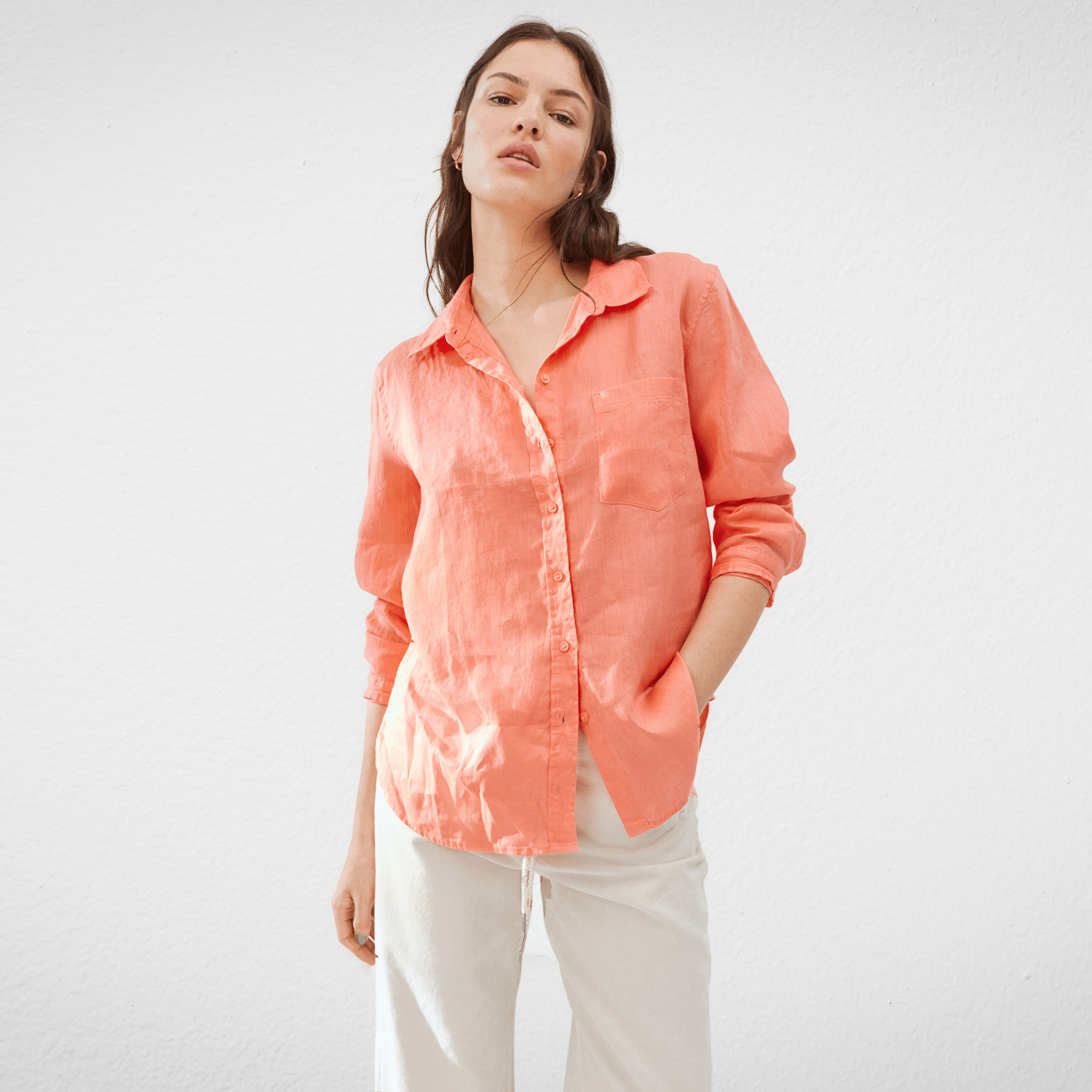 Women Summer 23 Women Shirt Women Linen Shirt - Light Orange