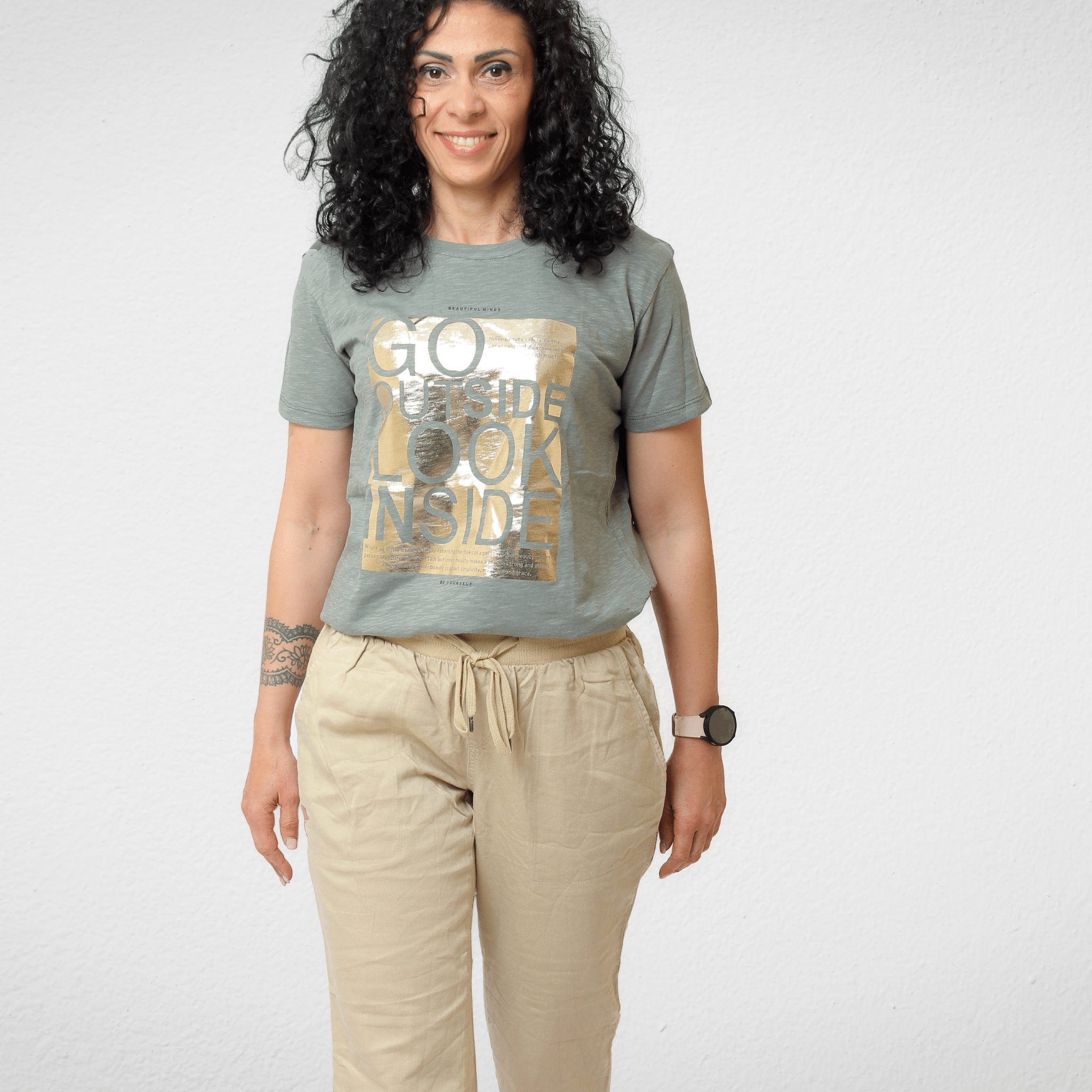 Women Summer 23 Women T-shirt - Koton - Oil Green (Gold text) "90 inside"