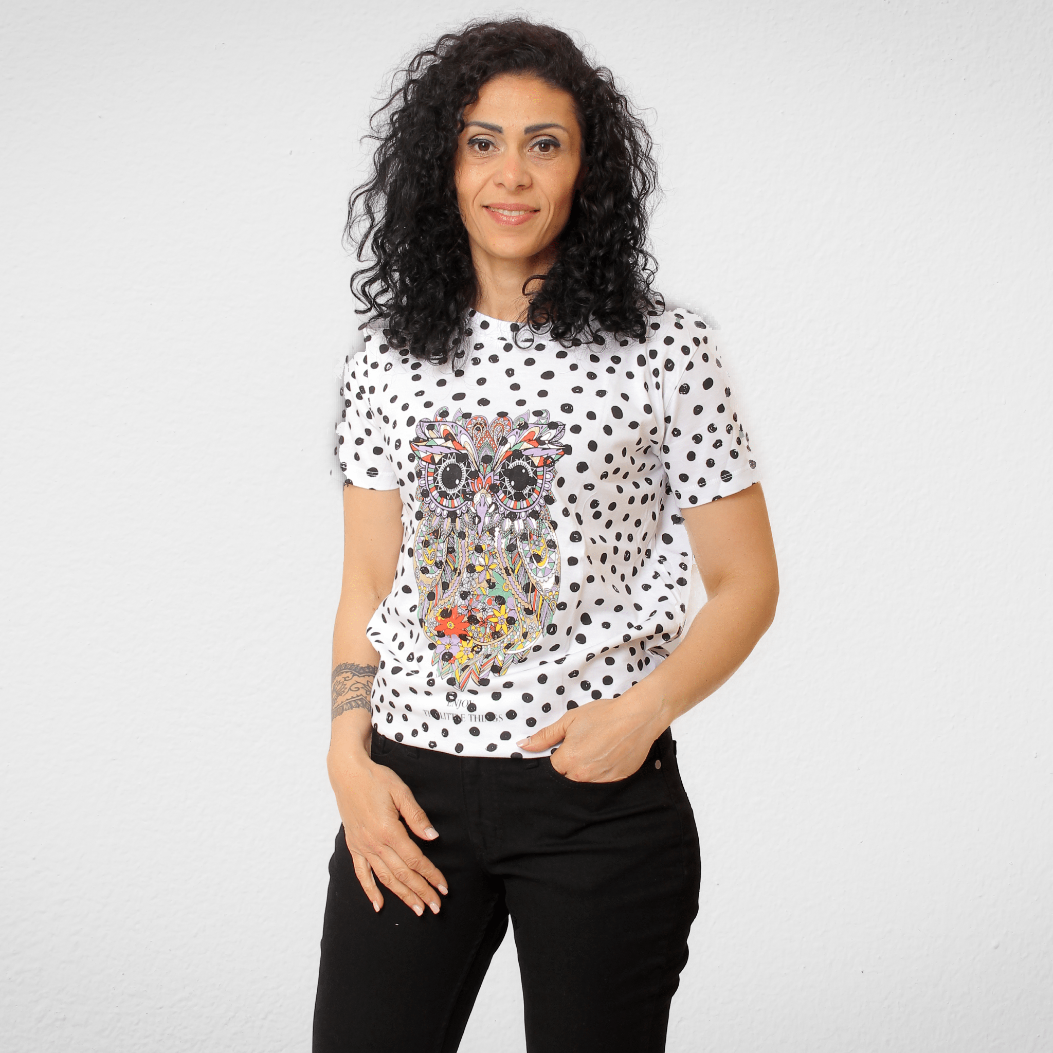 Women Summer 23 Women T-shirt - Stradivarius - Owl (dotted white x black)