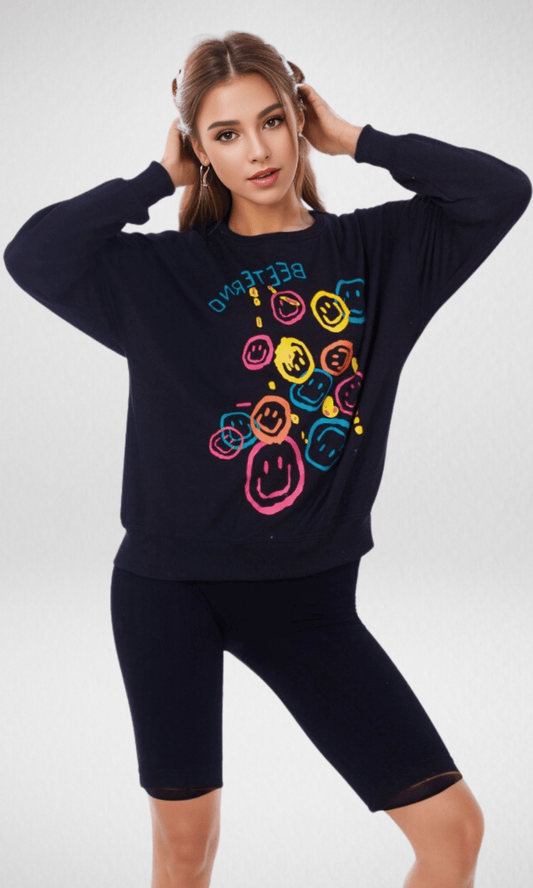 Women Winter 24 Summer Sale 23 Women Sweatshirt (Smiley Faces) - Black
