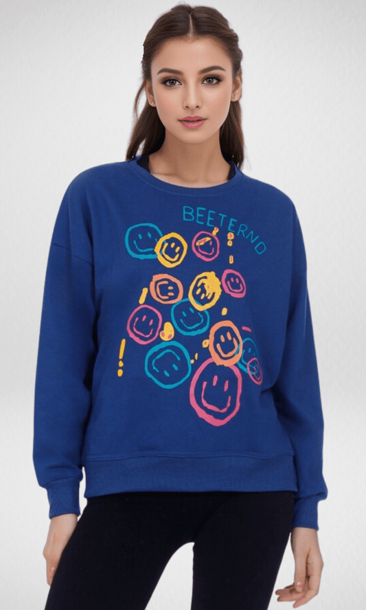 Women Winter 24 Summer Sale 23 Women Sweatshirt (Smiley Faces) - Dark Blue