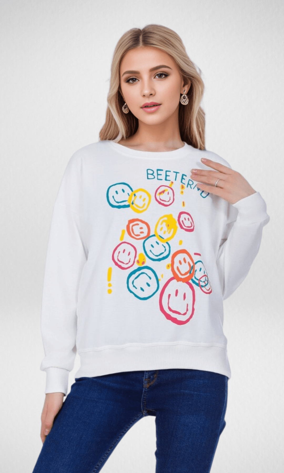 Women Winter 24 Summer Sale 23 Women Sweatshirt (Smiley Faces) - White