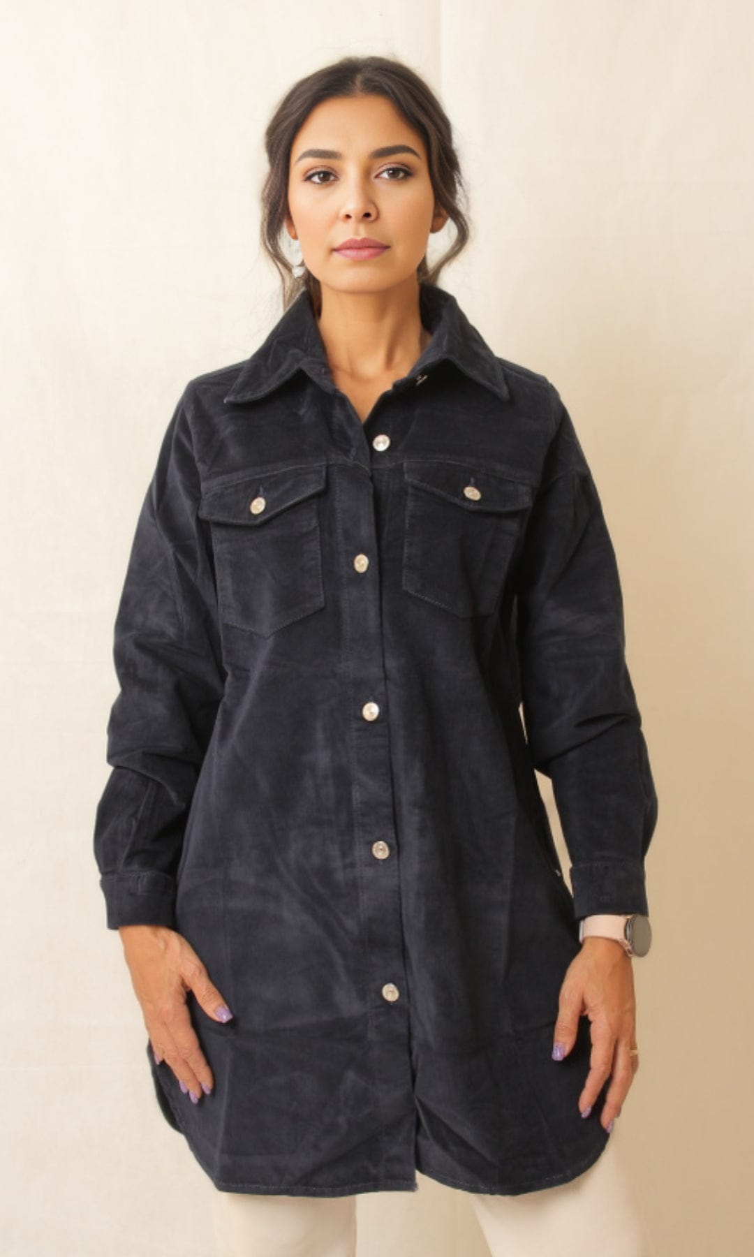 Women Winter 24 Summer Sale 23 Women Velvet Shirt/ Jacket - Dark Blue